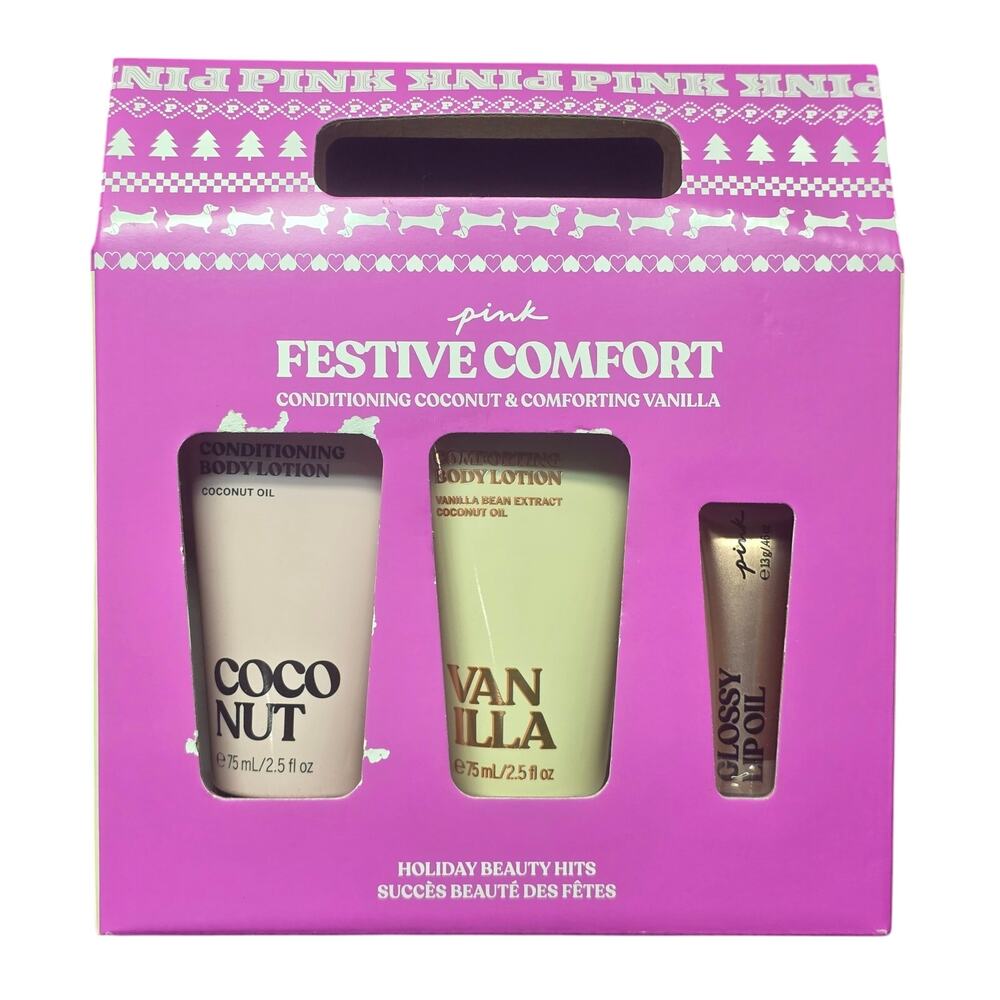 Pink Festive Comfort Coconut & Vanilla Body Lotion & Glossy Lip Oil Gift Set